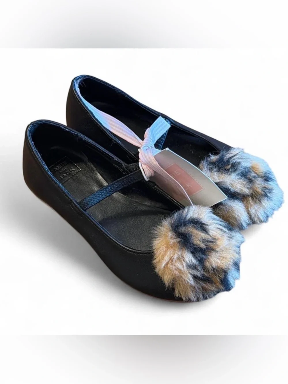 Janie and Jack Black Ballet Flats with Faux Fur Pom Poms